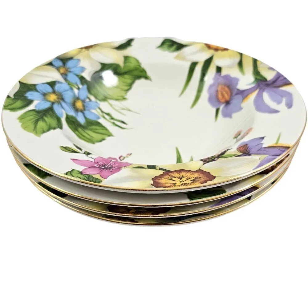 Emeiald White Floral Print Large Rimmed Ceramic Soup Salad Bowls – Set of 4